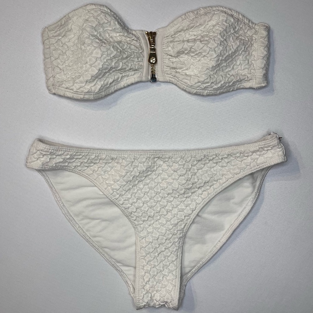 Y2K Vintage Retro H&M Textured Strapless White Bikini Gold Zipper Women’s 4/6